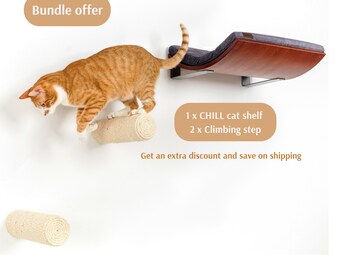 CosyAndDozy Bundle Of Cat Shelf And 2 Climbing Cat Steps, Cat Hammock, Cat Scratcher ~ Cat Wall Furniture With Removable & Washable Cushion