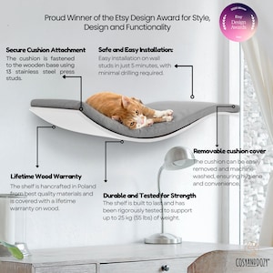 Cat Wall Furniture Set Of 2 Cat Wall Shelves And 3 Cat Steps, Cat Walk, Cat Scratch Tower Hanging Bed With Removable & Washable Cushion image 3