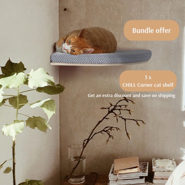 Cat Corner Shelves Set Of 3, Wooden Wall Cat Bed Corner, Cat Wall Furniture ~ Space Saving Furniture With Removable And Washable Cushion