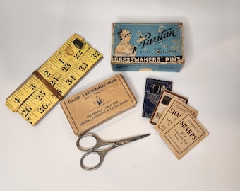 Vintage Sewing Tools Lot - Scissors, Needles, Pins, Measuring Tape, & Chalk