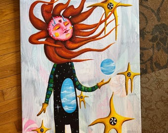 Pintura surrealista original sobre lienzo con efecto intemperizado