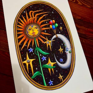 May include: An oval-shaped illustration featuring a smiling sun with orange rays, a crescent moon with a face, and stars against a starry background. Colorful balloons float near the moon. The artwork is framed with a gold border.