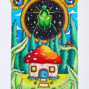 May include: A whimsical illustration featuring a red-capped mushroom house with a blue door, set in a vibrant green landscape. Above, a green beetle floats within a starry circle, flanked by sunflower-like eyes. A ladybug rests on a leaf.
