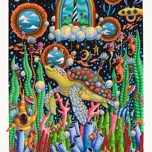 May include: A vibrant, colorful illustration of an underwater scene with a sea turtle, seahorses, and various marine life. The artwork features a rainbow, a lighthouse, and decorative circular frames with sky and cloud imagery. The artist's signature, "H.Bunzey," is visible.