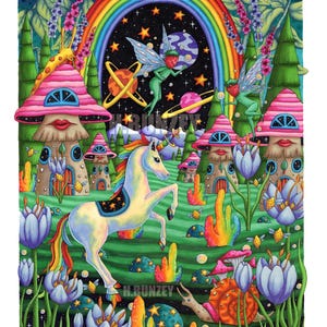 Impresión artística psicodélica El paraíso del unicornio, 11 x 14 pulgadas.