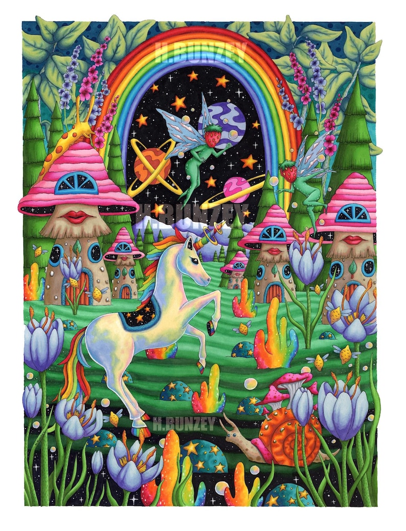 May include: A whimsical illustration of a unicorn galloping through a magical forest. The forest is filled with colorful mushrooms, rainbow-colored plants, and a rainbow archway leading to a starry sky. The unicorn has a star-shaped saddle and a rainbow mane.