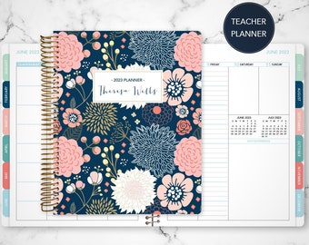 2022 2023 teacher planner 7x9 2022-2023 planner teacher lesson plan TEACHER PLANNER - TABS weekly calendar agenda / navy pink gold floral