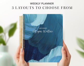 planner 2024 custom planner 7x9 | 12 month planner | student planner weekly calendar agenda | abstract painted blue