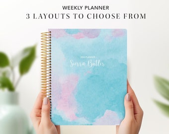 PERSONALIZED WEEKLY PLANNER  2024 2025 | 7x9 12 month planner | student planner | abstract watercolor cotton candy