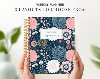 2024 planner personalized | 7x9 12 month planner | student planner weekly calendar agenda daytimer | navy pink gold floral