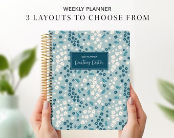 planner 2024 custom planner 7x9 | 12 month planner | student planner weekly calendar | bright floral blue white