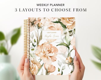 2024 planner personalized | 7x9 student planner 2024-2025 weekly calendar agenda daytimer | peach watercolor roses