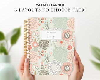 custom weekly planner 2024 | 7x9 12 month planner | personalized planner weekly calendar agenda / sage pink gold floral