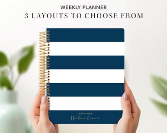 2024 planner personalized 2024 2025 | 7x9 12 month planner |  student planner weekly calendar agenda | navy stripes