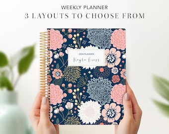 planner 2024 custom 2024 2025 | 7x9 12 month planner | student planner weekly calendar agenda / navy pink gold floral