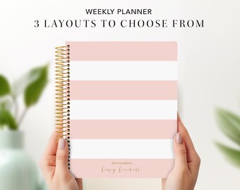 planner 2024 personalized planner 7x9 | 12 month planner | student planner weekly calendar agenda daytimer | pink stripes