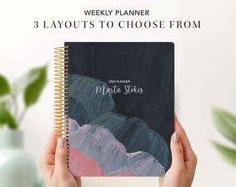planner 2024 custom planner 7x9 | 12 month planner | student planner weekly calendar agenda | abstract painted blue pink