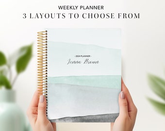 2024 planner personalized | 7x9 student planner 2024-2025 weekly calendar agenda daytimer | / mint green watercolor stripes
