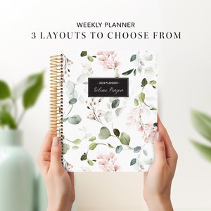 PERSONALIZED PLANNER 2024 2025 | 7x9 12 month planner | weekly planner | pink watercolor vines