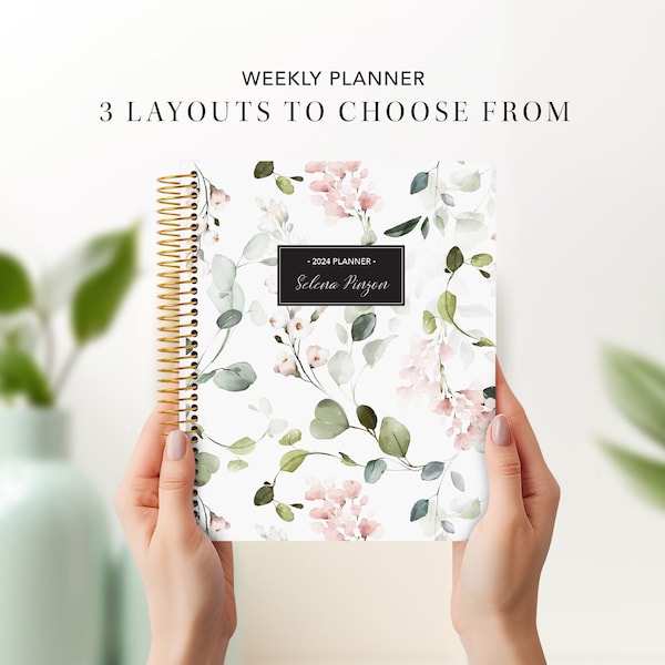 PERSONALIZED PLANNER 2024 2025 | 7x9 12 month planner | weekly planner | pink watercolor vines