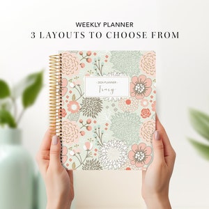 custom weekly planner 2024 7x9 12 month planner personalized planner weekly calendar agenda / sage pink gold floral image 1