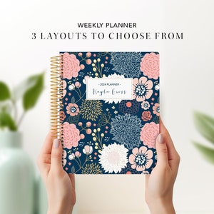 2026 personalized planner 2025 2026 | 7x9 12 month planner | weekly calendar agenda daytimer | navy pink gold floral