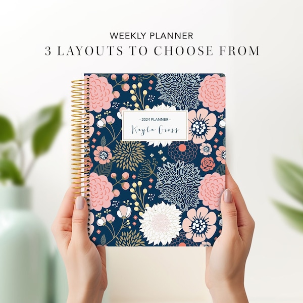 planner 2027 custom 2026-2027 | 7x9 student planner weekly calendar agenda / navy pink gold floral