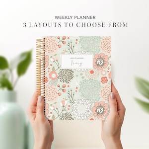 planner 2025 2026 custom 7x9 | 12 month planner | student planner weekly calendar agenda daytimer | sage pink gold floral