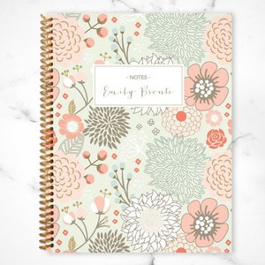 notebook journal custom / personalized lined notebook / blank notebook / spiral bound notebook / sage green pink gold floral flower pattern