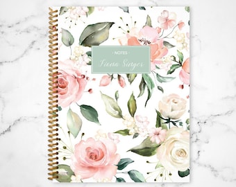 notebook journal custom / personalized lined notebook / blank notebook / spiral bound notebook / pink white watercolor roses