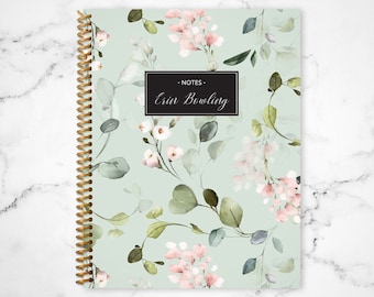 notebook journal custom / personalized lined notebook / blank notebook / spiral bound notebook / green pink watercolor vines