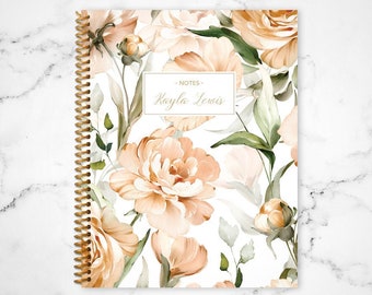 notebook journal custom / personalized lined notebook / blank notebook / spiral bound notebook / peach watercolor roses