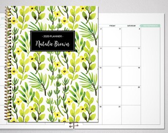 2022 MONTHLY planner / 12 month calendar / choose your start month / 2022-2023 month at a glance / green yellow watercolor leaves