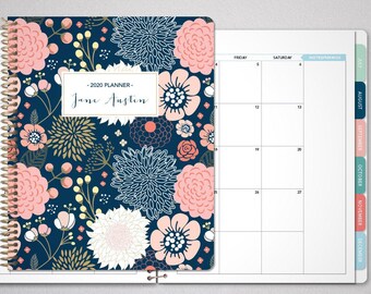 MONTHLY planner 2021 with TABS / 12 month calendar / choose your start month / 2021-2022 month at a glance planner / navy pink gold floral