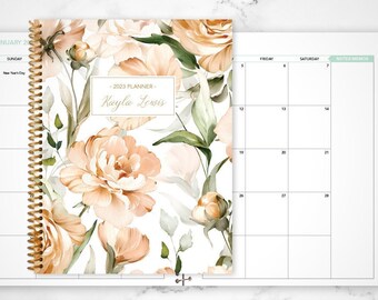 2023 MONTHLY planner 7x9 / 12 month calendar / choose your start month / 2023-2024 month at a glance planner / peach watercolor roses