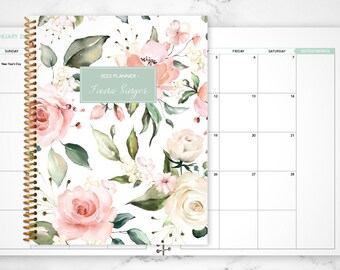 2023 MONTHLY planner 7x9 / 12 month calendar / choose your start month / 2022-2023 month at a glance planner / pink white watercolor roses