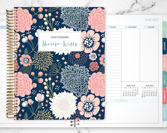 planner 2024 custom 2023 2024 | 7x9 12 month planner | student planner VERTICAL LAYOUT weekly calendar agenda / navy pink gold floral