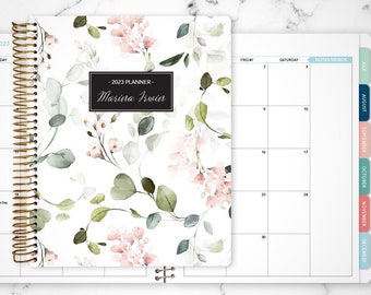 2023 MONTHLY planner with TABS 7x9 / 12 month calendar month at a glance / pink watercolor vines