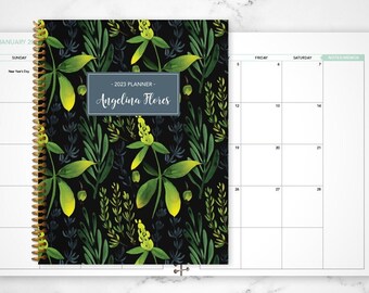 2023 MONTHLY planner 7x9 / 12 month calendar / choose your start month / month at a glance planner / black green watercolor leaves
