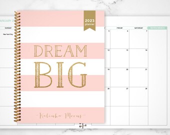 2023 MONTHLY planner 7x9 / 12 month calendar / choose your start month / 2023-2024 month at a glance planner / pink stripes gold dream big