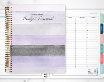 2024 personalized planner 2023 2024 | 7x9 12 month planner | HOURLY LAYOUT weekly calendar agenda daytimer | lavender watercolor stripes