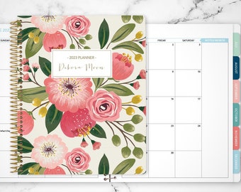 MONTHLY planner with TABS 7x9 / 12 month calendar / choose your start month / 2023-2024 month at a glance planner / pink green bouquet