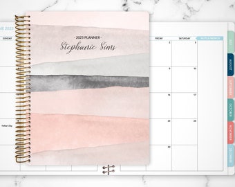 2023 MONTHLY planner with TABS 7x9 / 12 month calendar / choose your start month / 2023-2024 month at a glance / pink watercolor stripes