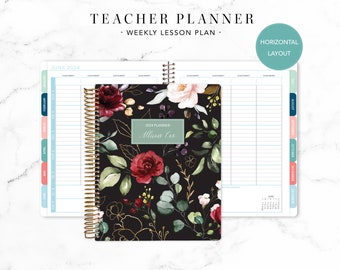 2024 2025 HORIZONTAL TEACHER PLANNER 7x9 2024-2025 teacher lesson plan weekly calendar / black red watercolor roses