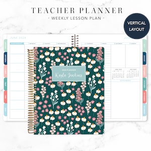 2024-2025 TEACHER PLANNER VERTICAL 7x9 2024-2025 teacher lesson plan weekly calendar / bright florals green pink