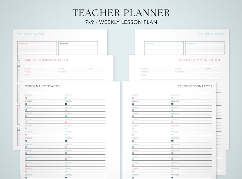 a set of teacher planners, each with a weekly lesson plan. The planners are designed to help teachers organize their lessons and communicate with students.