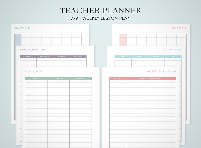 a set of planners or schedules, including a teacher's weekly lesson plan. The planners are divided into two columns, with one column dedicated to the timetable and the other for the lesson plan. The planners are designed to help teachers organize their lessons and manage their time effectively.