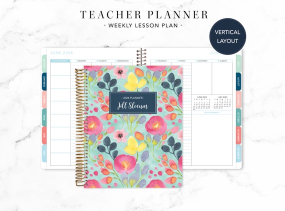 2024 Vertical Planner 7x9 12 Month Planner Student Planner VERTICAL LAYOUT  Weekly Calendar Agenda Daytimer Navy Pink Gold Floral 