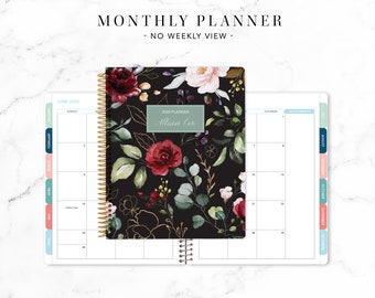 2024 monthly planner with TABS 7x9 / 12 month calendar month at a glance / black red watercolor roses