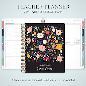 May include: A 7x9 inch teacher planner with a black cover featuring a colourful floral and lemon pattern. The planner includes a gold spiral binding, the text 2026/2027 PLANNER, and the name Jessica Cooper. The interior shows a weekly lesson plan layout.